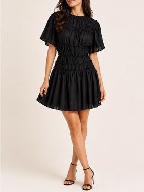 Merlette Black Cotton Voile Smocked Mini Dress XS Flutter Sleeve